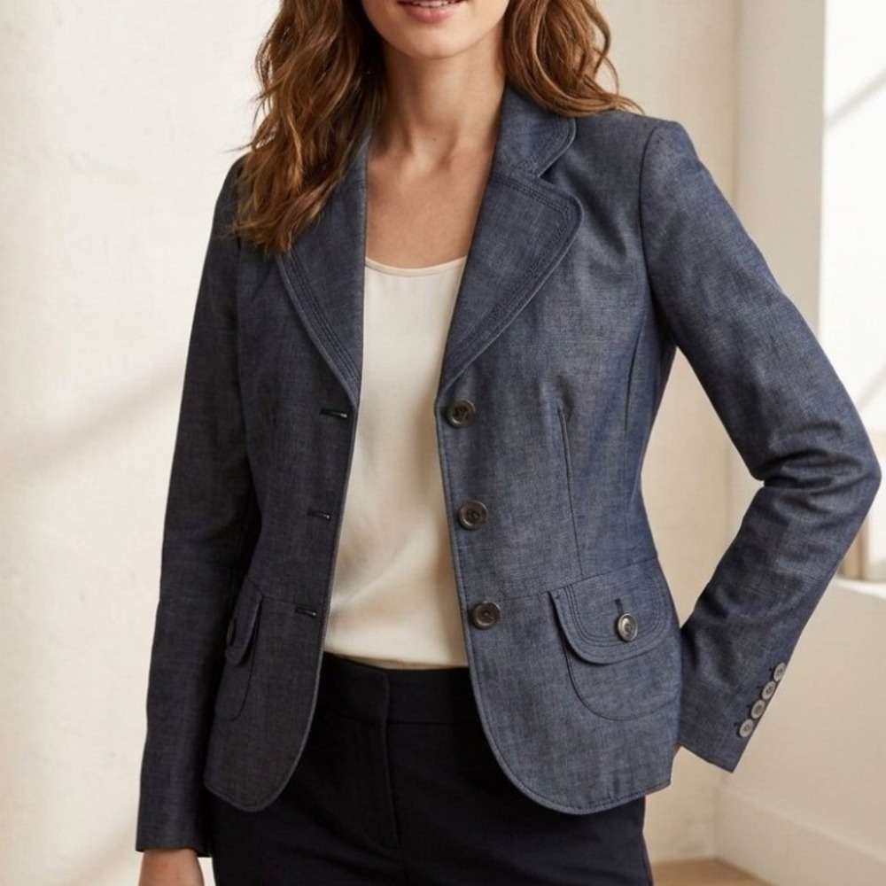 Ann Taylor Loft Blazer Women 2 Navy Cropped Martingale Back Jacket Dark Academia
